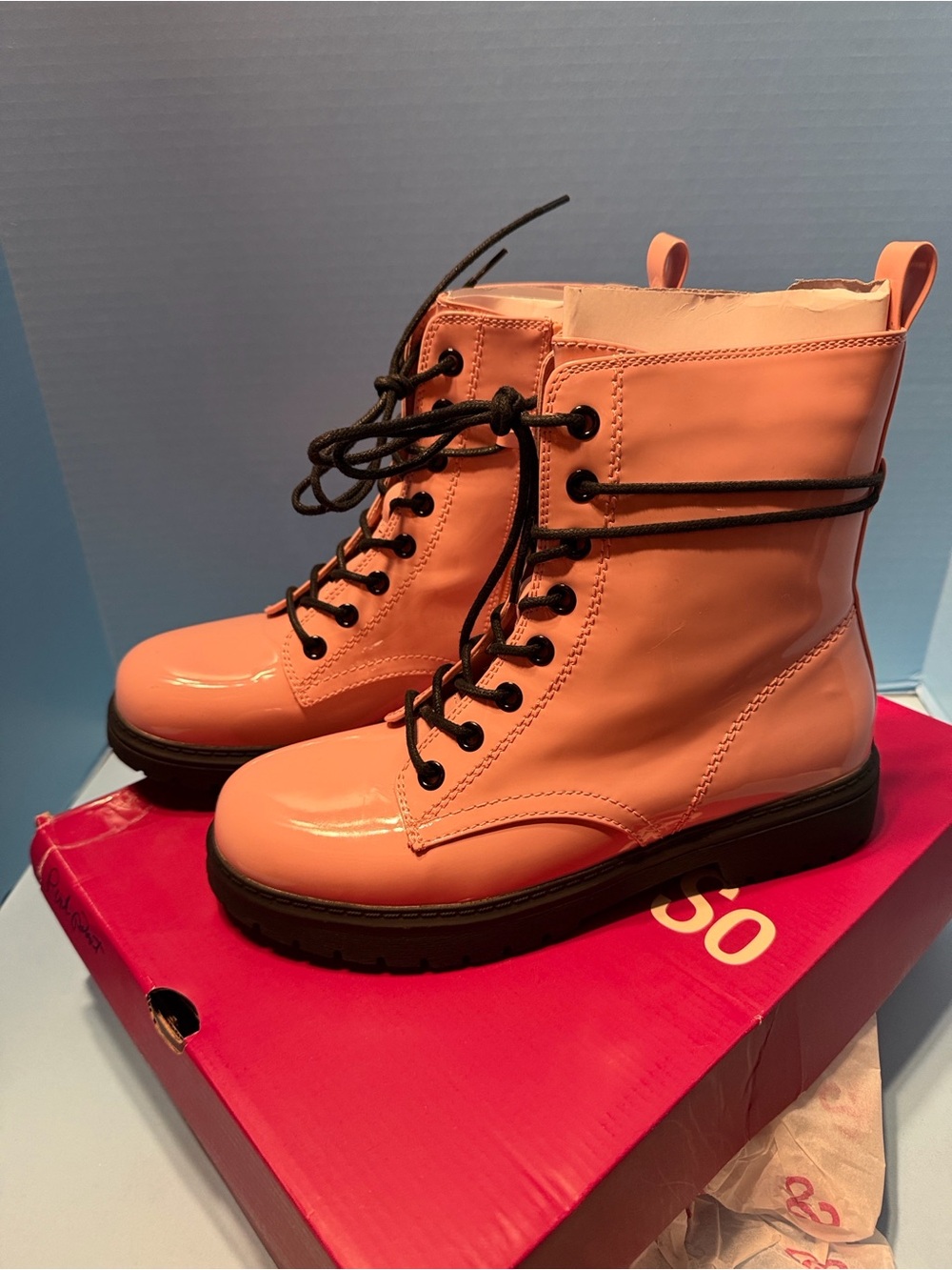 Women's Pink Patent Lace-Up Combat Boots NIB